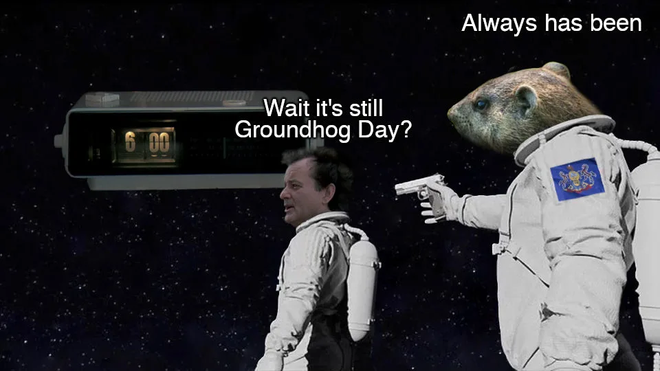 An astronaut in a spacesuit with a pistol points at another astronaut who looks confused, standing in space with a digital…