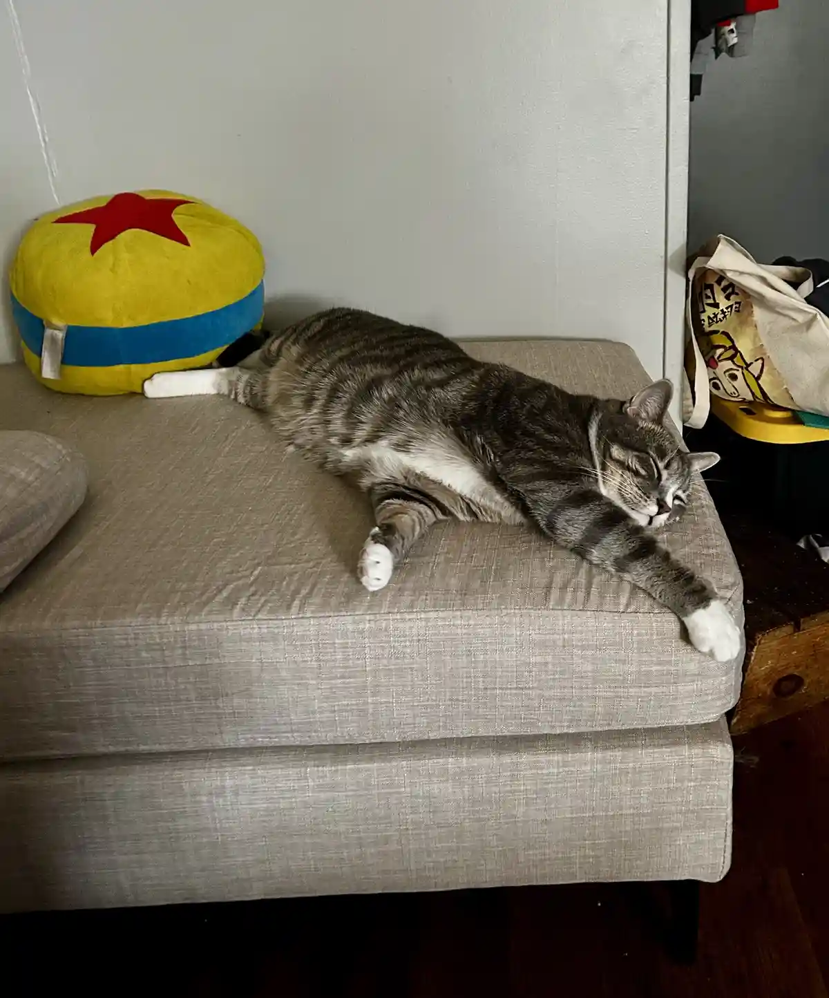 A gray tabby cat with white paws is stretched out and sleeping soundly on a beige fabric ottoman. Beside it sits a yellow…