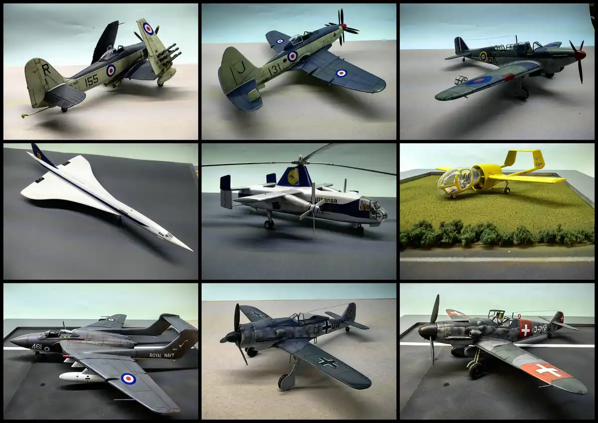 A nine-panel grid displays various detailed scale model airplanes, including WWII-era fighters, a Concorde, and a…