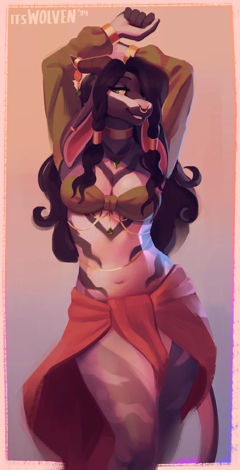 An anime-style illustration of a dark-furred anthropomorphic goat with long braided hair, wearing a brown top with a bow, a…