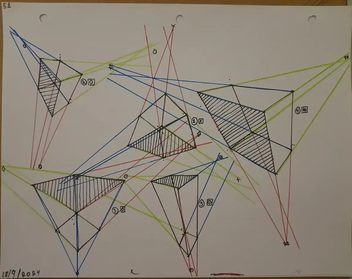 A hand-drawn, complex geometric diagram on white paper with three holes punched at the top, featuring multiple intersecting…