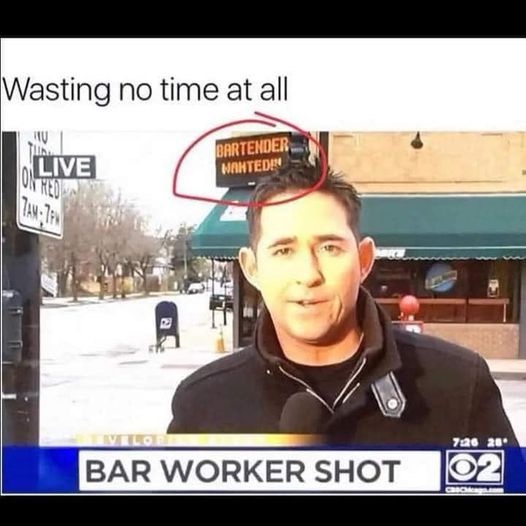 A news reporter stands outside a bar with a 'BARTENDER WANTED!' sign visible above the establishment, circled in red. The…