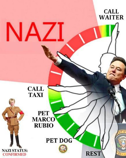 An image of Elon Musk with his arm raised, superimposed over a rainbow-colored spinning wheel. The wheel has labels…