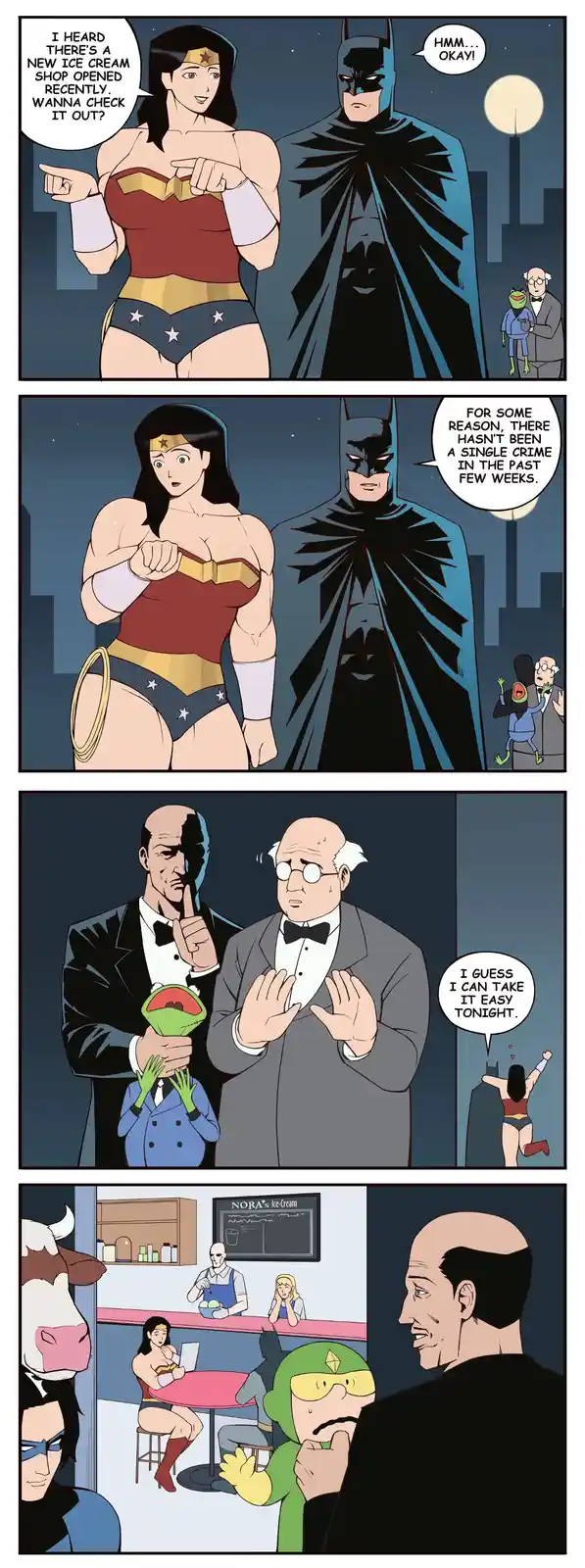 A four-panel comic strip shows Wonder Woman suggesting Batman check out a new ice cream shop, which he reluctantly agrees…