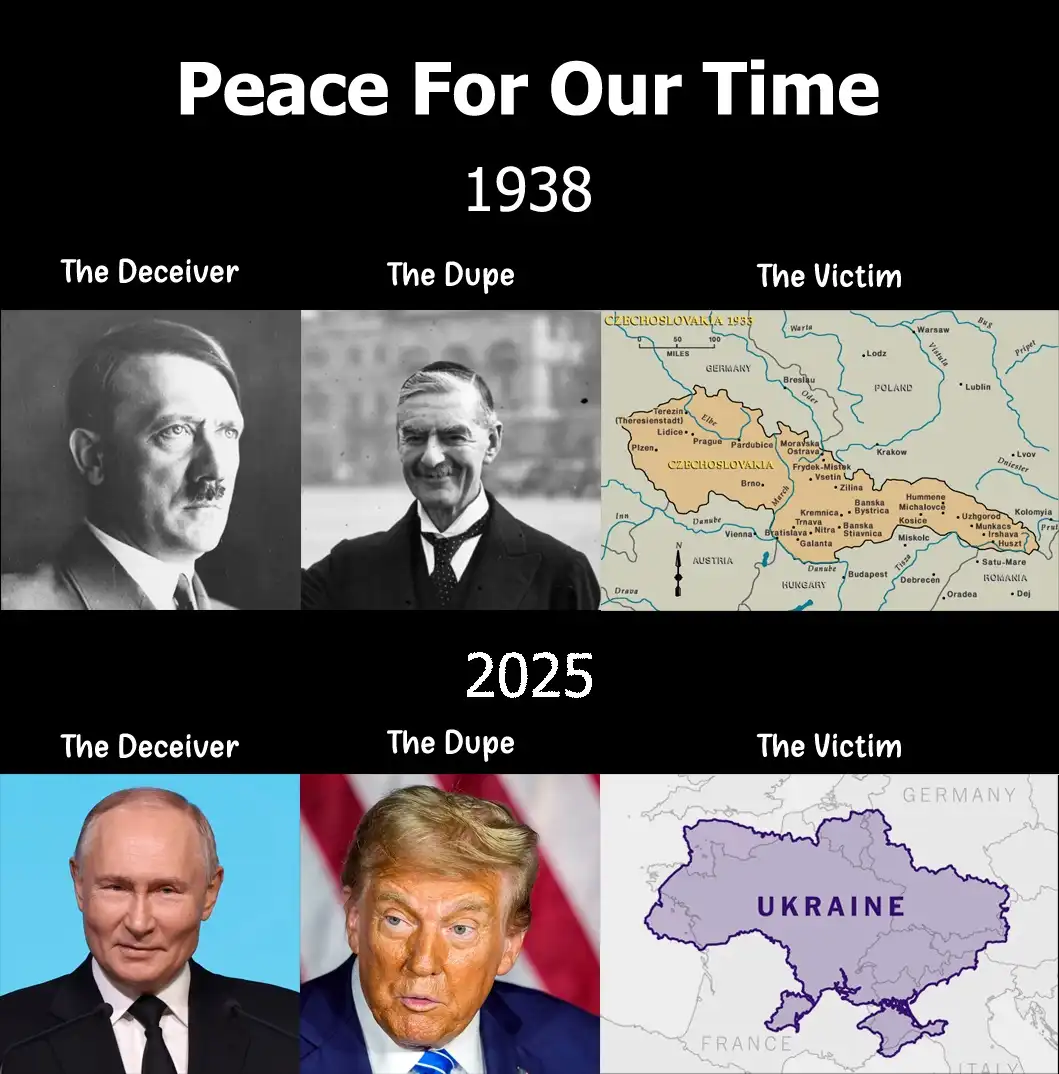 This meme juxtaposes two historical moments: 1938, showing Adolf Hitler labeled 'The Deceiver', British Prime Minister…