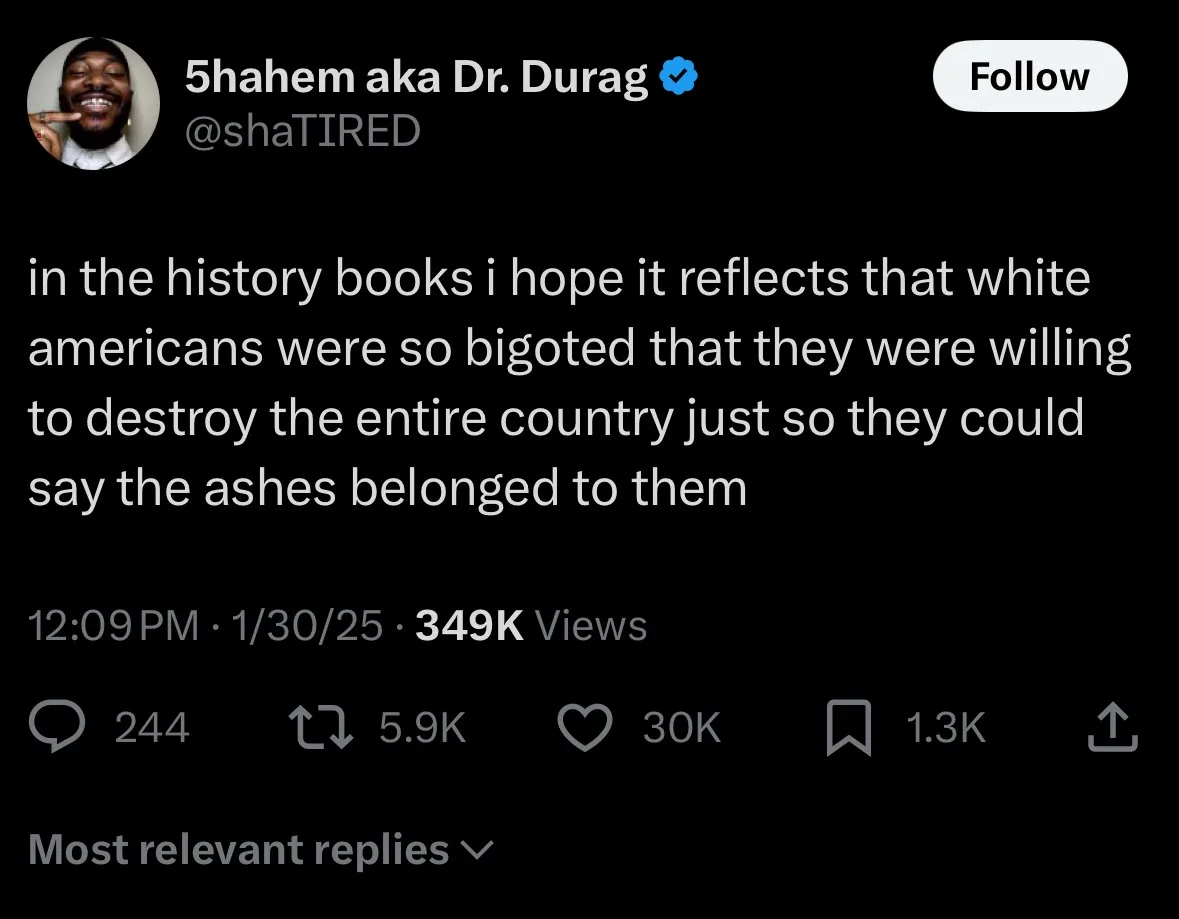 A screenshot of a tweet from verified user 5hahem aka Dr. Durag (@shaTIRED) showing his profile picture, username, and the…