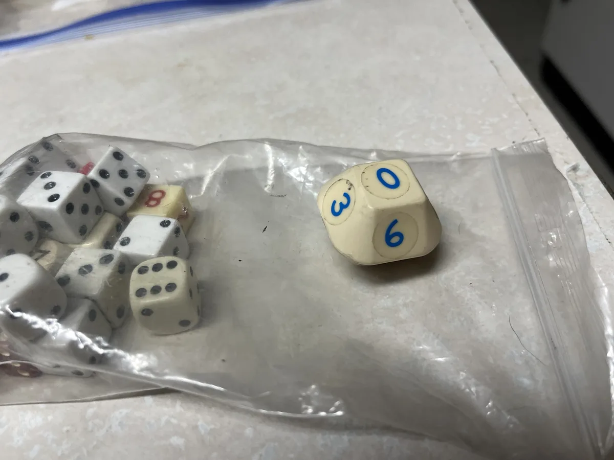 A clear plastic bag holds several standard six-sided dice with black pips, while one off-white die with blue numbers showing…