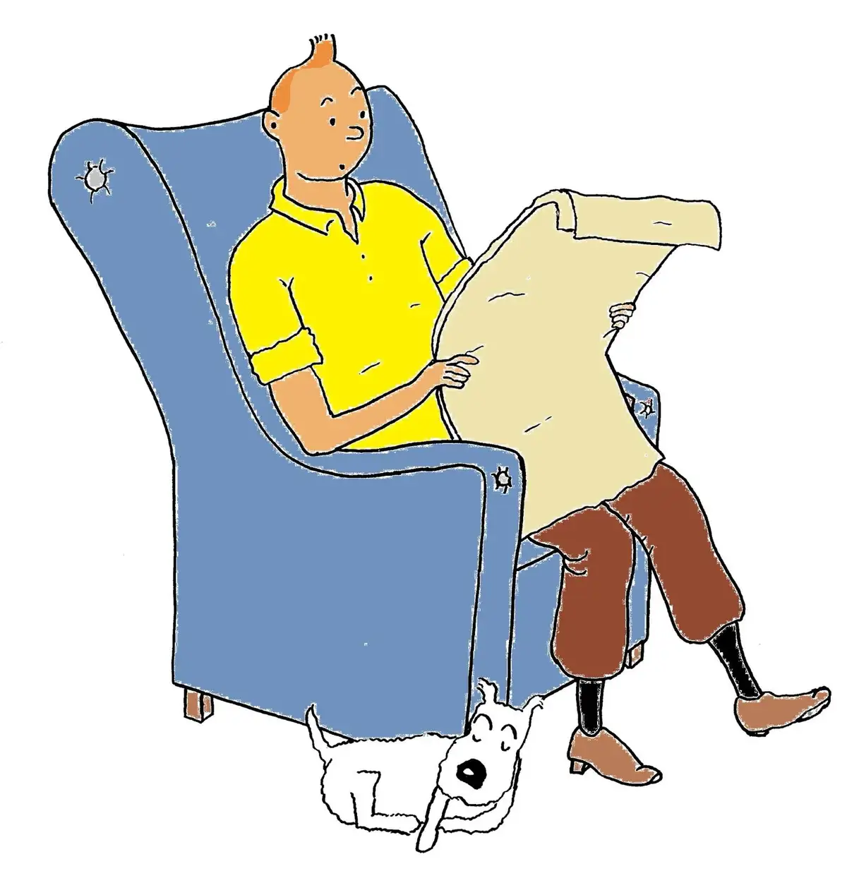 A cartoon depicts Tintin sitting in a blue armchair, wearing a yellow shirt, reading a newspaper. His white dog Snowy lies…