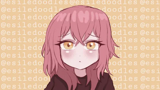 The image shows a pink-haired anime girl with golden eyes in two rows of three panels each. In the top row, she has a…