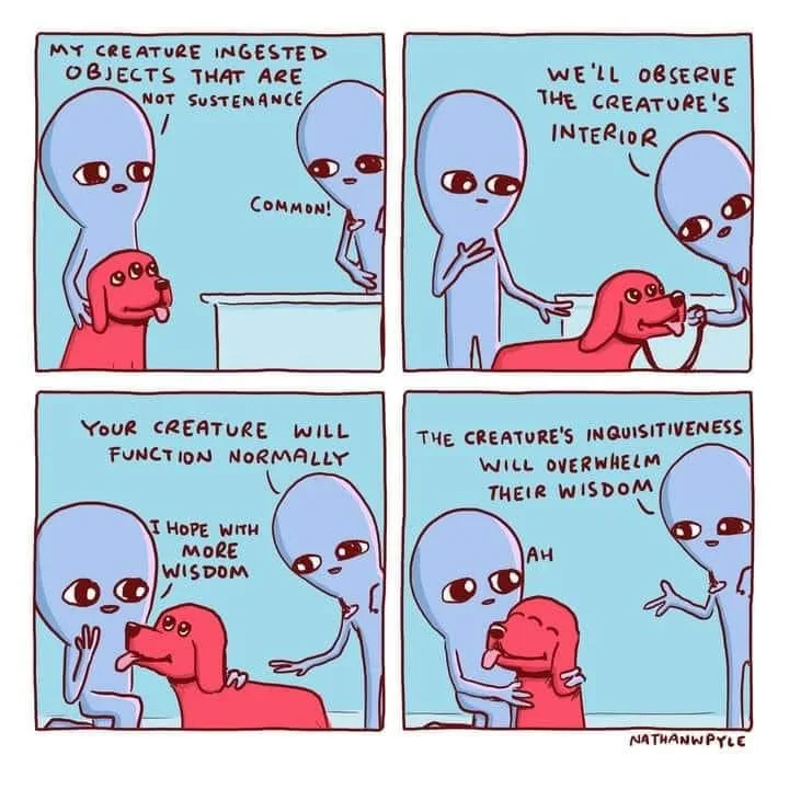 A four-panel comic strip featuring two blue aliens and a red dog. In the first panel, one alien reports that their creature…