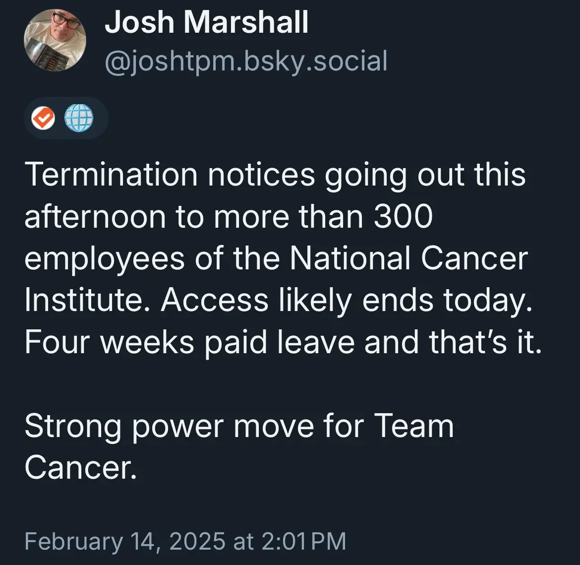 A screenshot of a social media post by Josh Marshall, showing a dark-themed interface with white text. The post announces…