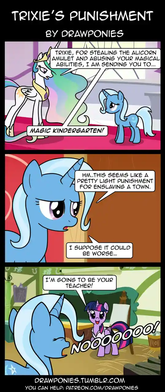 A three-panel comic from 'Trixie's Punishment' by Drawponies, featuring Princess Celestia sentencing the mischievous unicorn…