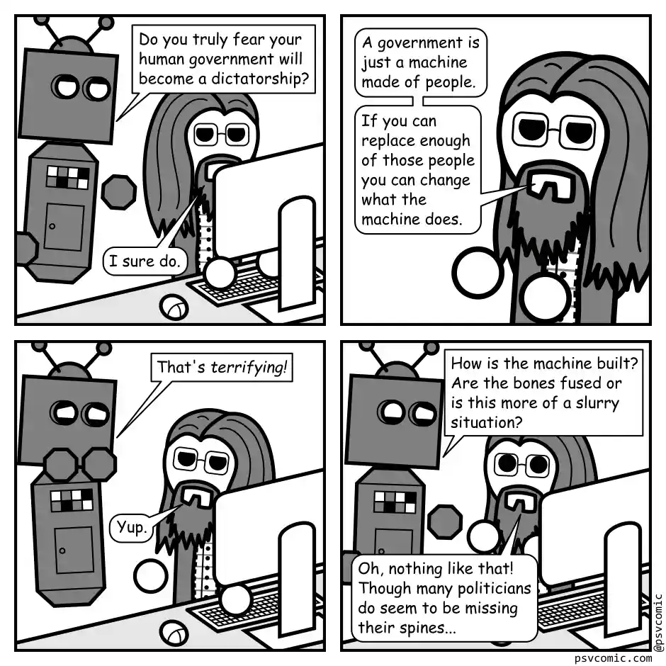 A four-panel black-and-white comic strip shows a robot and a bearded man with glasses discussing government as a machine…