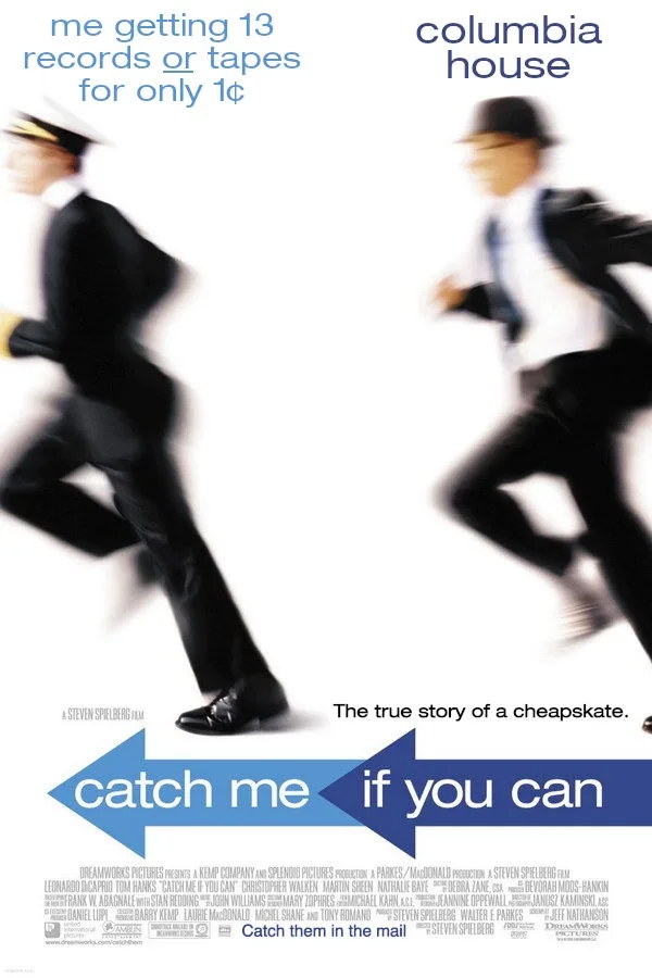 The image is a movie poster for 'Catch Me If You Can' featuring two blurred men in suits running. Text overlays read 'me…