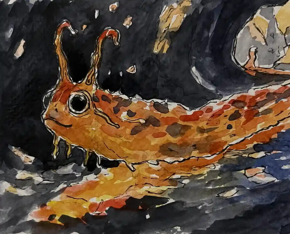 A watercolor painting depicts a fish with orange and brown mottled scales, large black eyes, and two curved, horn-like…