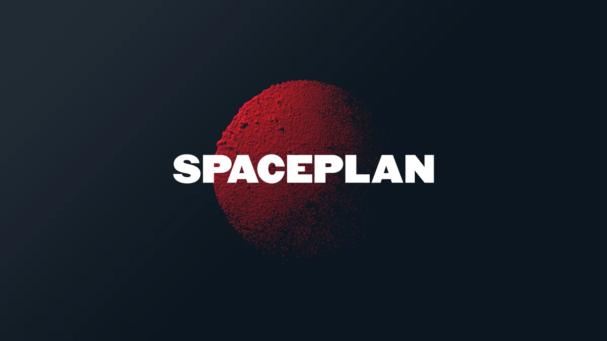 A dark background features a textured red sphere with the word 'SPACEPLAN' in bold white letters overlaid across its center…
