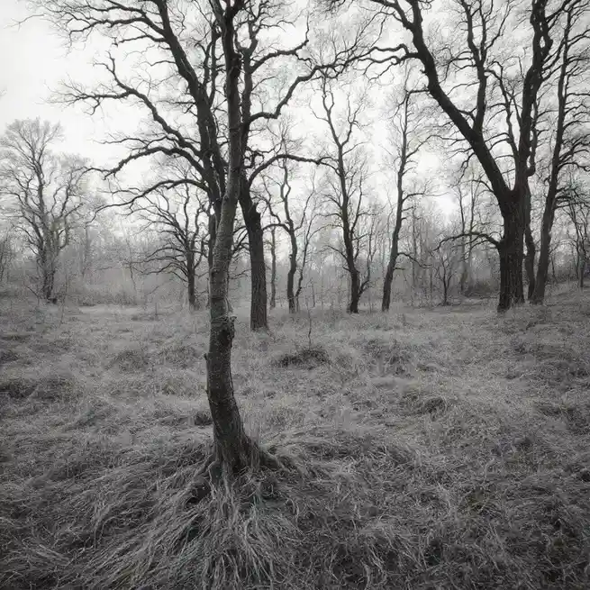 A black-and-white photograph of a bleak, leafless forest with gnarled, bare trees and frost-covered grass. The image has…