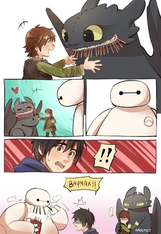 A four-panel comic strip shows Hiccup petting Toothless, who has a toothbrush in his mouth. In the next panel, Hiccup is…