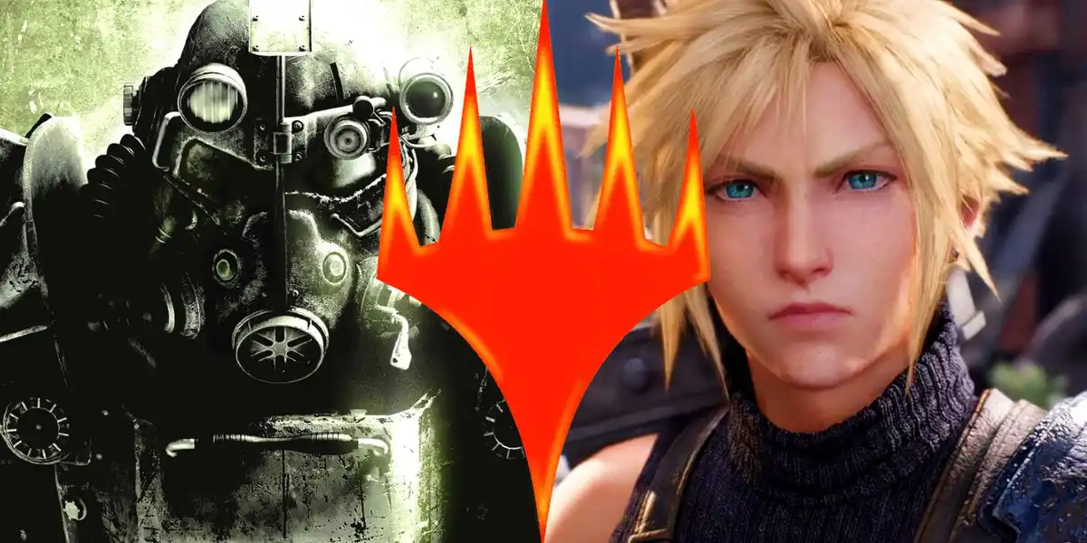 The image is a split-screen meme featuring a character in a Fallout power armor on the left and Cloud Strife from Final…
