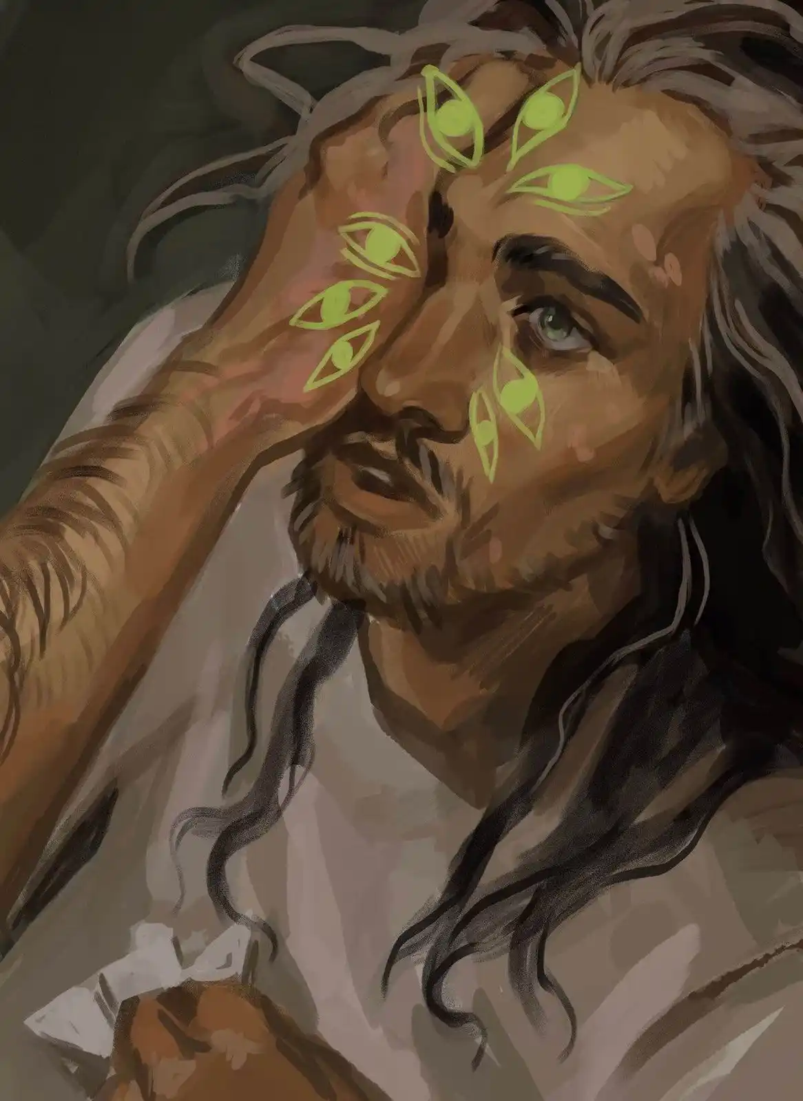 A digital painting shows a man with long dark hair and a beard, looking weary and holding his head in his hand. His face and…