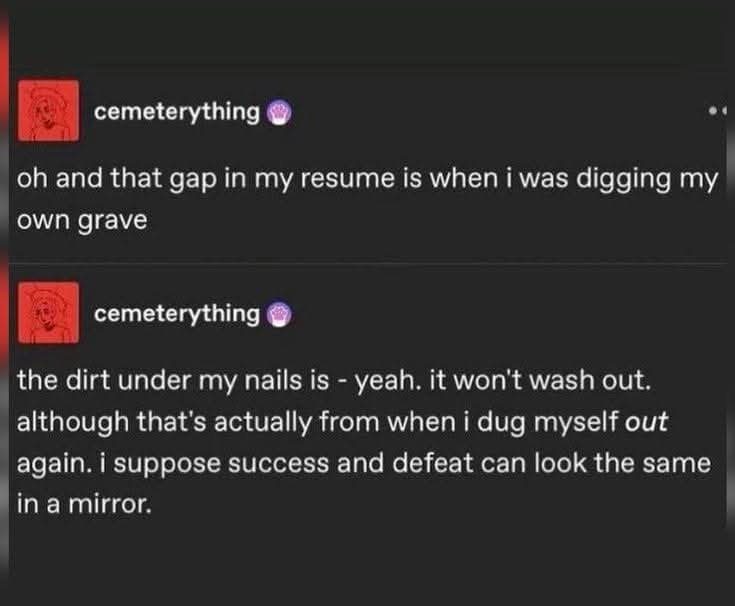 A screenshot of two replies from a social media account named 'cemeterything' with a skull avatar. The first reply jokes…