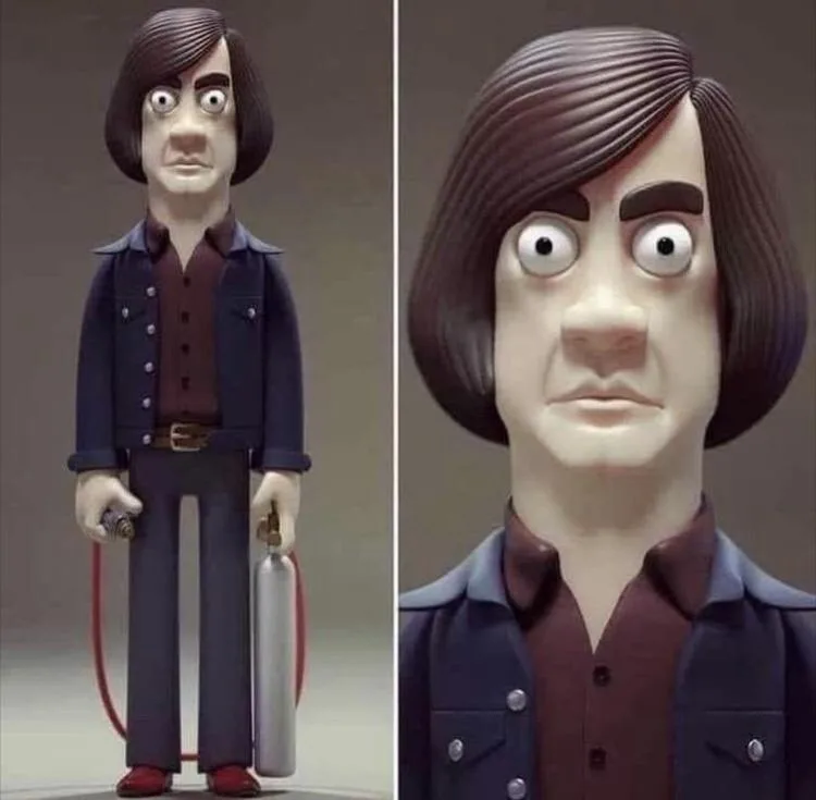 The image shows a split-screen of a stylized claymation character with a bob haircut, large eyes, and a stern expression. On…