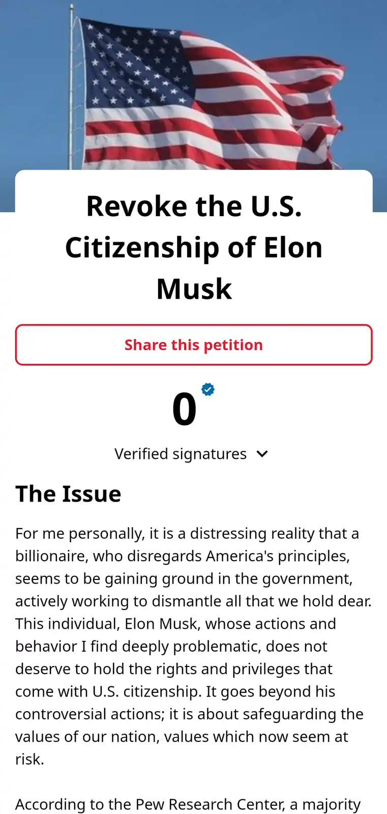 An image of the American flag with a mock petition overlay that reads 'Revoke the U.S. Citizenship of Elon Musk' and shows…
