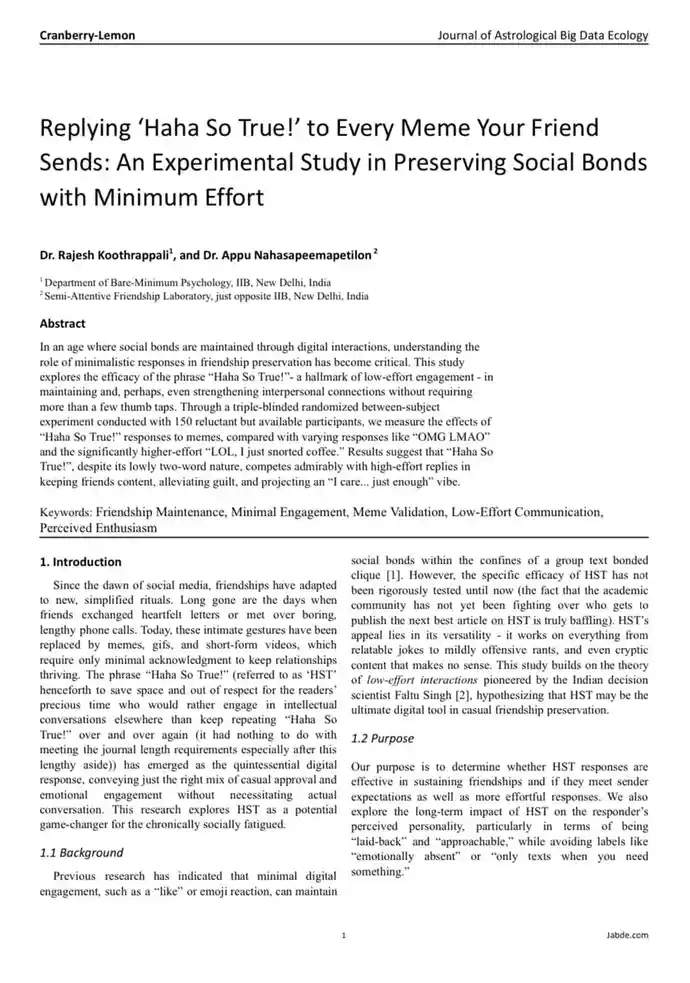 The image displays a mock academic journal article titled 'Replying ‘Haha So True!’ to Every Meme Your Friend Sends: An…