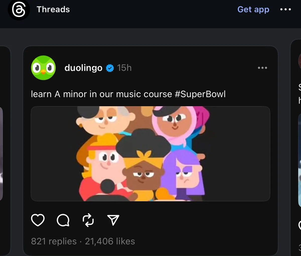 A screenshot of a Duolingo Threads post featuring a cartoon image of six diverse characters, one holding a microphone, with…