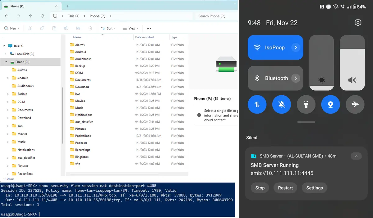 The image displays a split-screen: left side shows a Windows File Explorer window open to 'Phone (P:)' with standard folders…