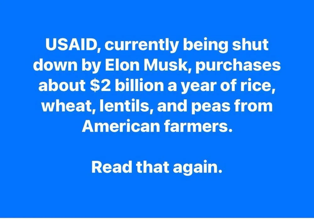 A solid blue background with white text that reads: 'USAID, currently being shut down by Elon Musk, purchases about $2…