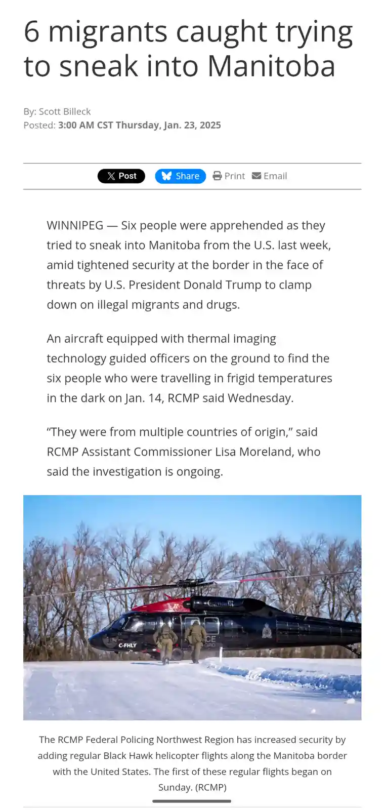 A news article screenshot shows a Black Hawk helicopter on snowy ground with two officers walking away. The headline reads…