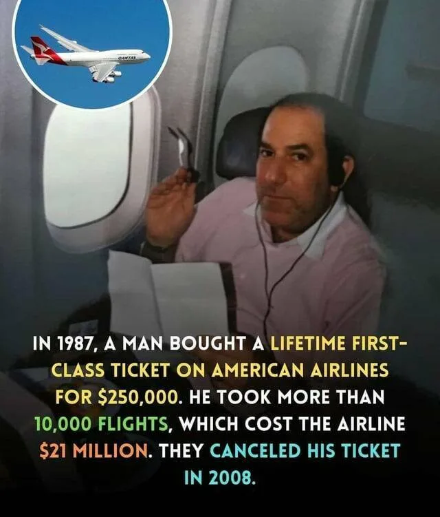 A man sits in an airplane seat wearing headphones, holding a booklet, with a Qantas plane icon in the top-left corner…