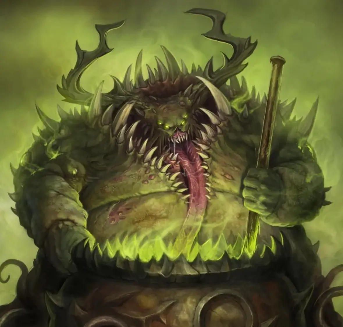 A grotesque, green-skinned, spiky monster with glowing eyes, sharp teeth, and a long tongue sits on a throne, holding a…