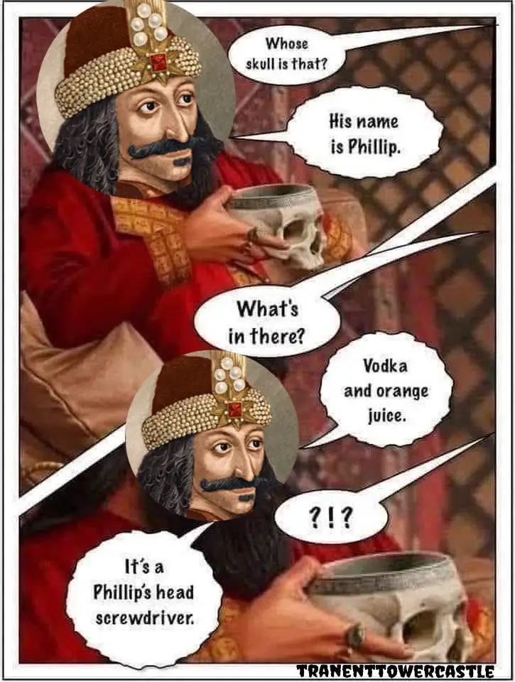 A medieval-style illustration shows a man in a red robe and jeweled crown holding a human skull. Speech bubbles show him…