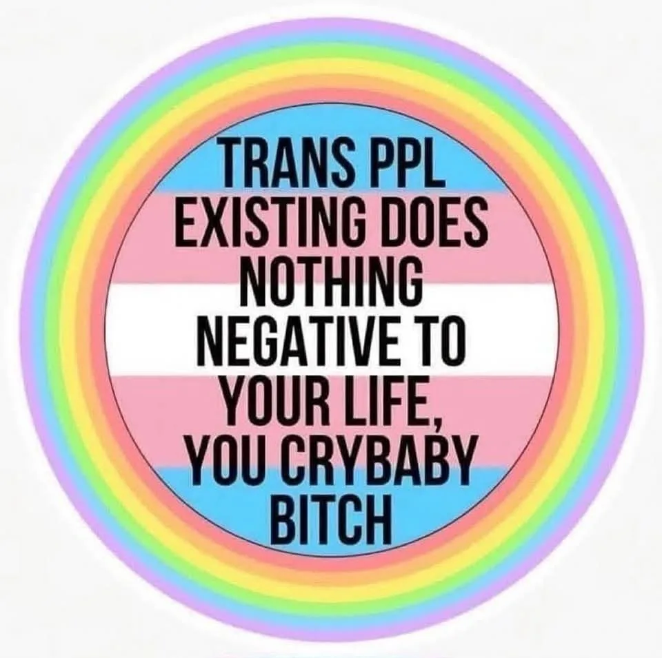 A circular image features a rainbow border surrounding a trans pride flag (light blue, pink, white stripes). Bold black text…