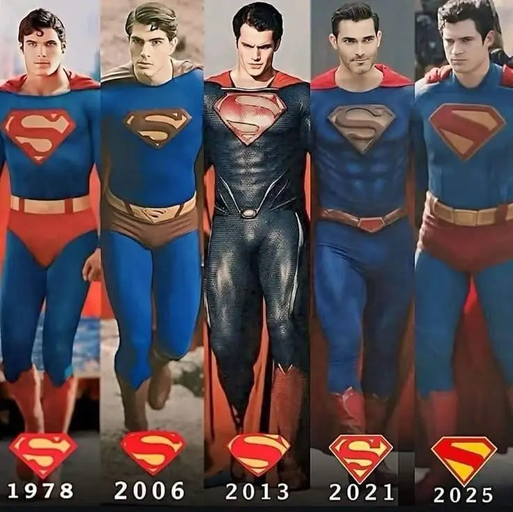 Five side-by-side images of Superman actors in their respective costumes from 1978, 2006, 2013, 2021, and 2025, each labeled…