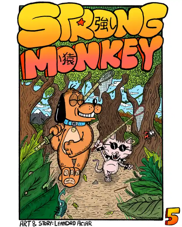 A cartoon illustration shows a muscular orange dog with a blue collar and a katana, walking confidently down a jungle path…