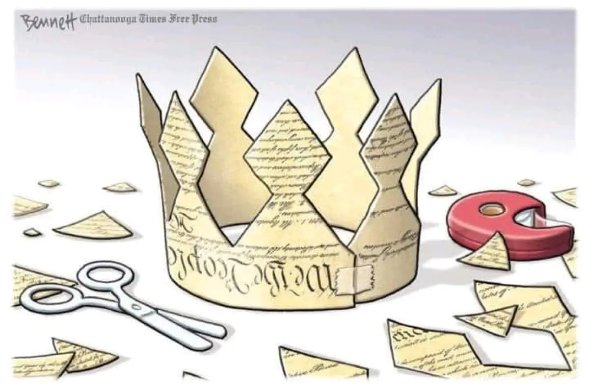 A cartoon illustration shows a crown made from torn pieces of parchment with cursive text, surrounded by scattered…