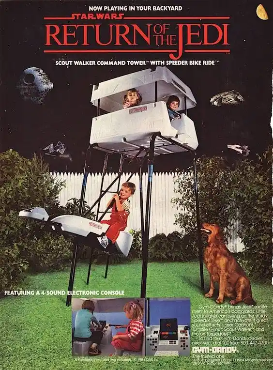 A vintage 1980s advertisement for a 'Star Wars Return of the Jedi' themed children's toy set, featuring a tall white plastic…