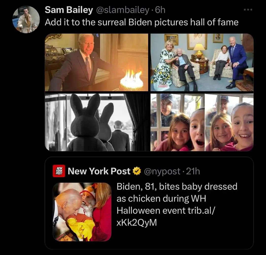 A Twitter thread by Sam Bailey shows a collage of five photos featuring President Biden in odd situations: smiling beside a…