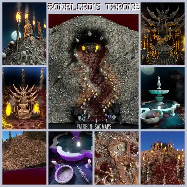 A collage of eight dark fantasy images depicting grotesque, bone-themed environments including a throne made of skeletal…
