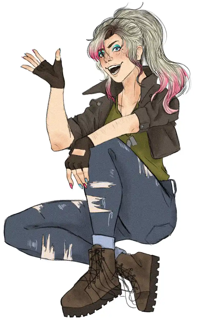 An anime-style illustration of a cheerful young woman with silver hair streaked with pink, wearing a black jacket, ripped…