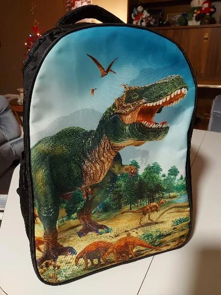 A child's backpack with a large, colorful print of a roaring Tyrannosaurus Rex dominating the front, surrounded by other…