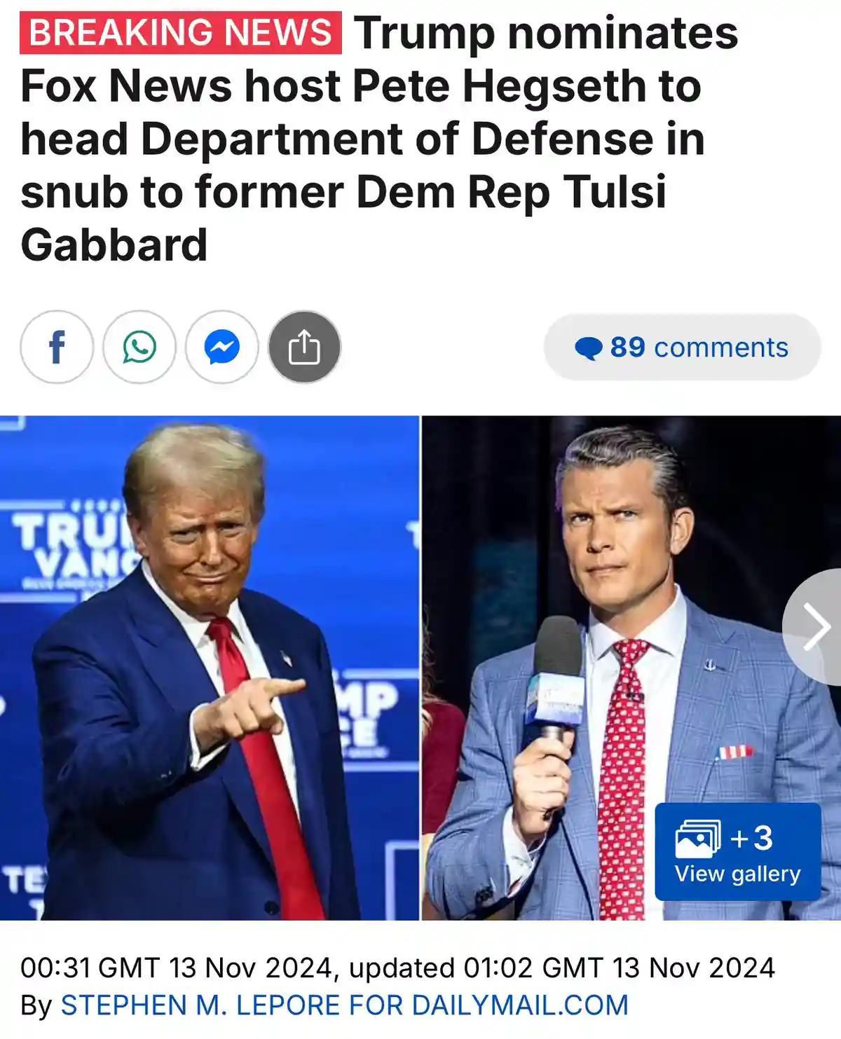 The image displays a fake news article header with the headline 'BREAKING NEWS Trump nominates Fox News host Pete Hegseth to…