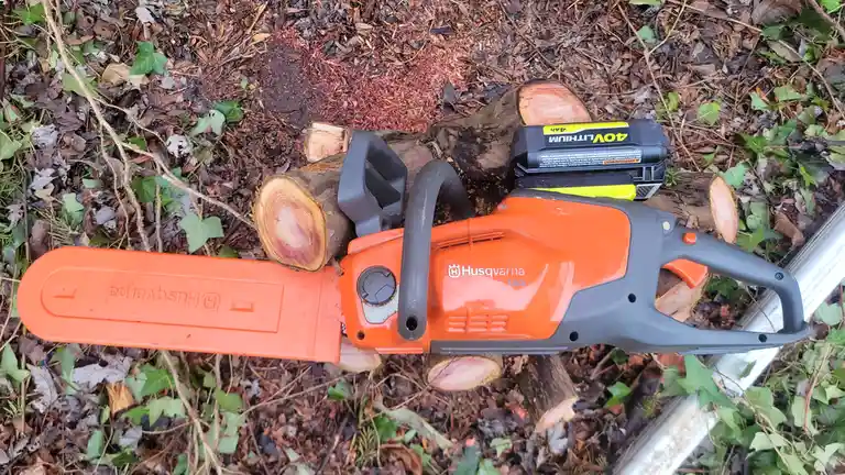 An orange and gray Husqvarna 120i electric chainsaw rests on cut logs in a leafy outdoor setting, with its 40V lithium…
