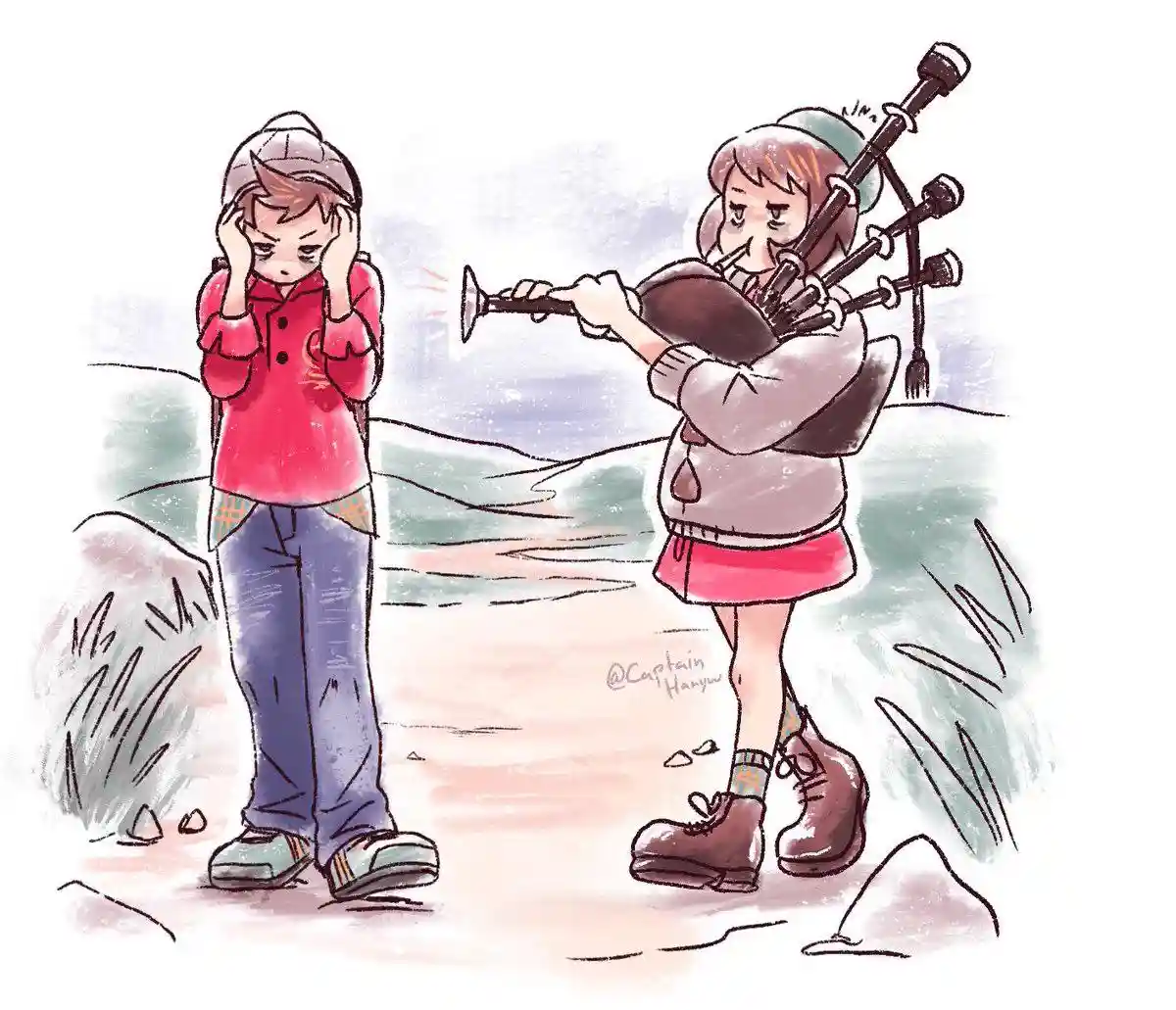 An anime-style illustration shows a person in a red jacket covering their ears in distress while another person in a grey…