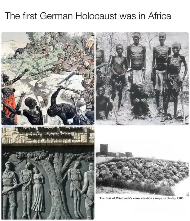 The image is a four-panel collage. Top left shows a colored illustration of German soldiers attacking African people with…