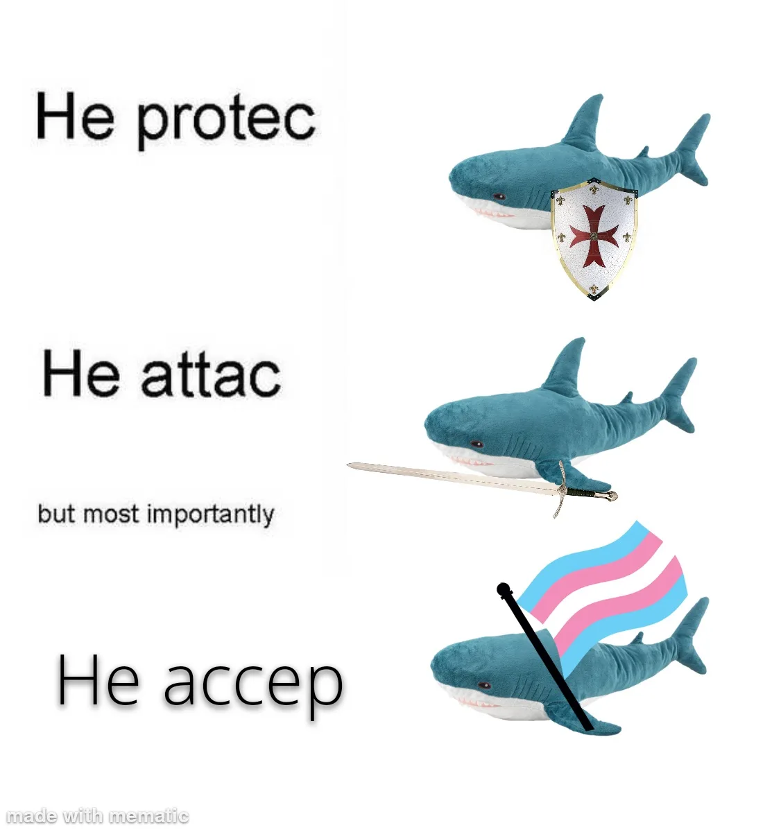A plush shark is shown in three panels: holding a shield, holding a sword, and with a trans flag crossed out over it. Text…