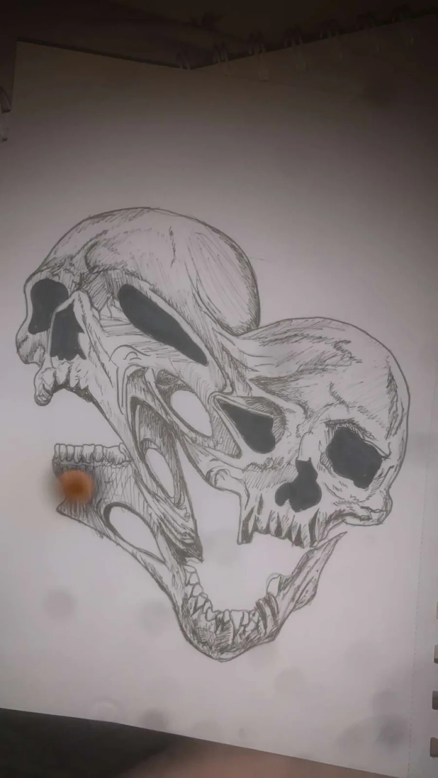 A detailed pencil sketch of a human skull drawn on a spiral-bound notebook page, with a small orange smudge or mark visible…